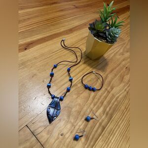 Blue Maroon Beaded Artisan Glass Pendant Necklace 15” with Bracelet/Earrings